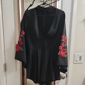 Fashion Nova Black Romper with Red Floral Embroidery